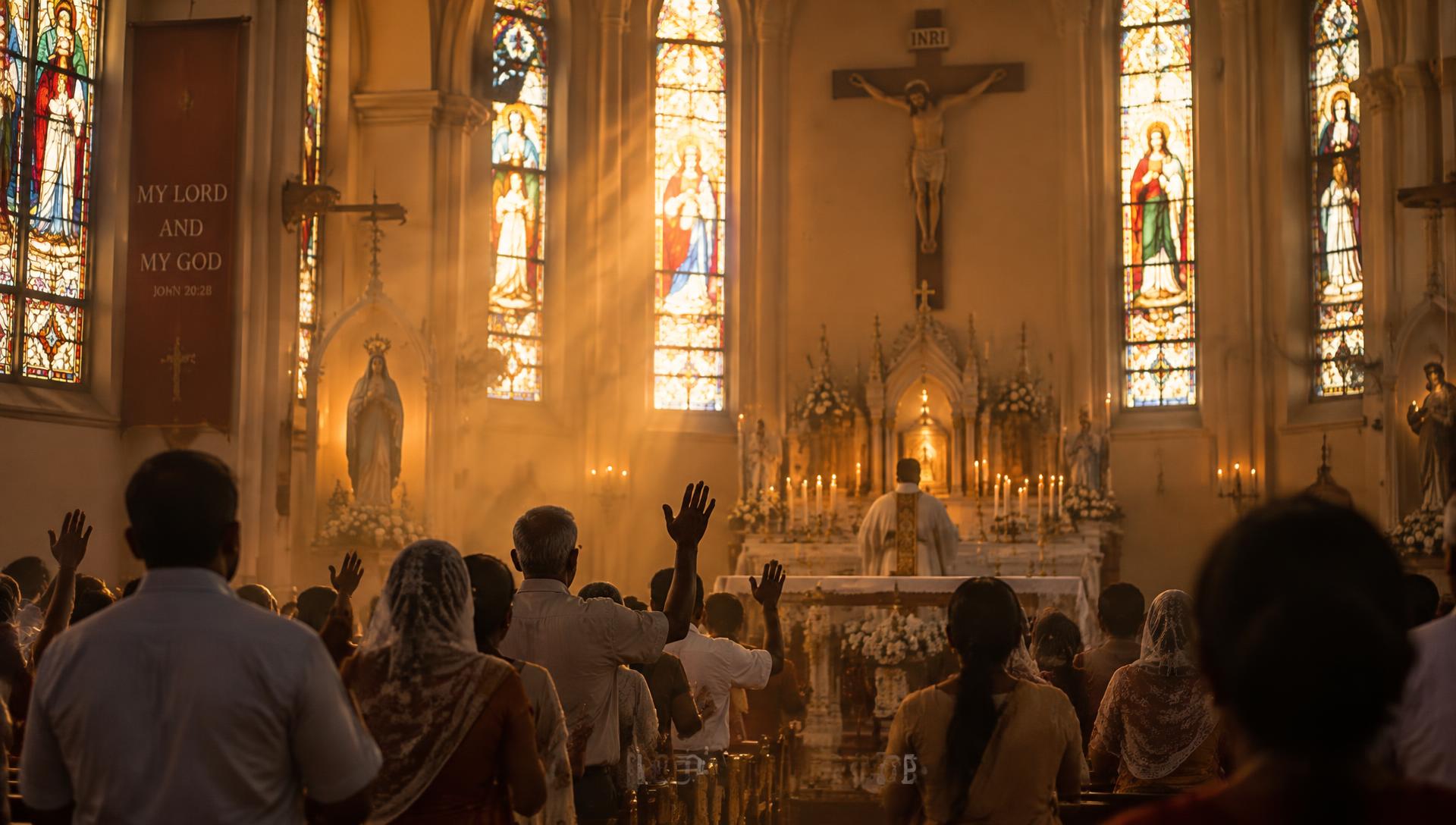 Faithful in prayer in a church filled with golden light
